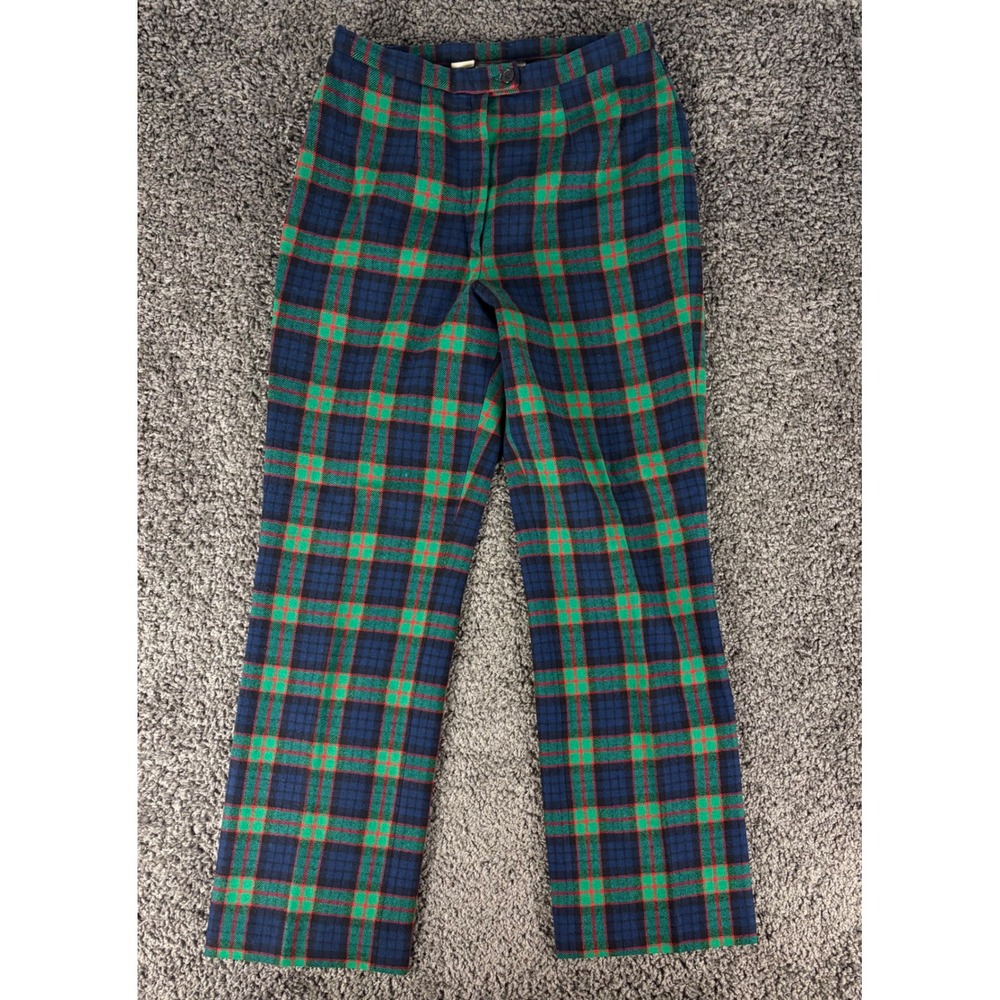 Vintage Pendleton Wool Plaid Pants Green Blue Red Tartan Straight Leg Size 12